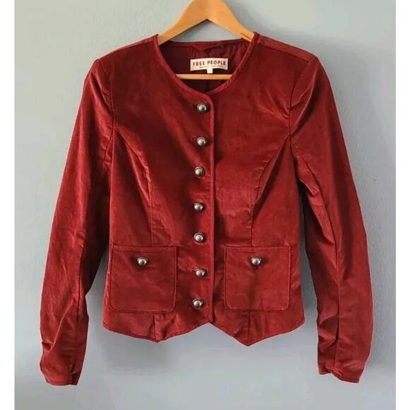 New Free People Becky Jacket VELVET $168 X-SMALL Garnet Military Style Blazer - Picture 4 of 7